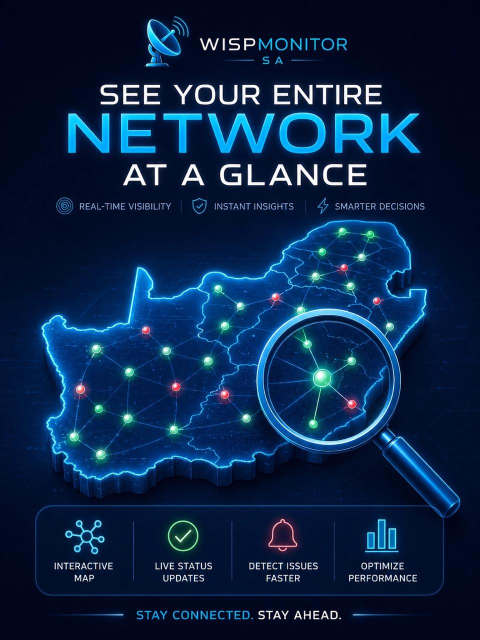 WispMonitor Systems SA interactive network map showing all monitored devices across a South African ISP network with online offline and warning status indicators
